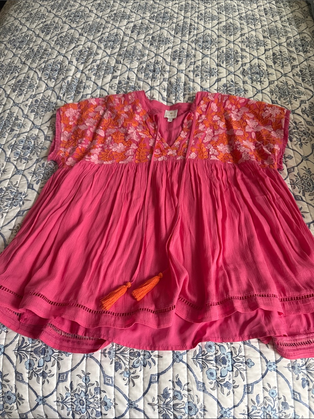 Women’s J. Marie Embroidered Pink Boho Top with Tassels